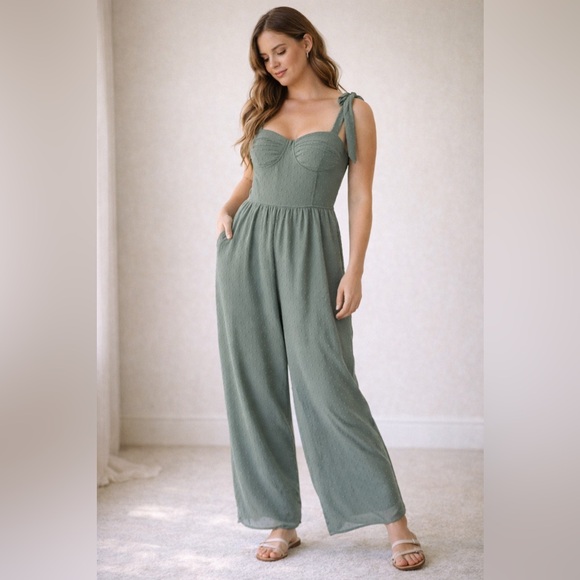 Emily Wonder Pants - Emily Wonder Sage Green Boho Jumpsuit Structured Bust Swiss Dot Size L New